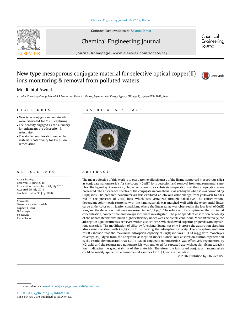 New type mesoporous conjugate material for selective optical copper(II) ions monitoring & removal from polluted waters