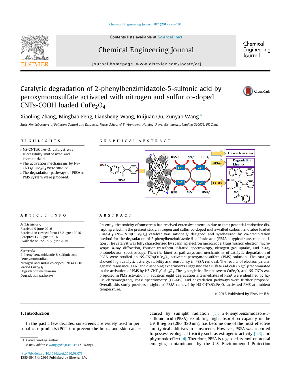 Catalytic degradation of 2-phenylbenzimidazole-5-sulfonic acid by peroxymonosulfate activated with nitrogen and sulfur co-doped CNTs-COOH loaded CuFe2O4