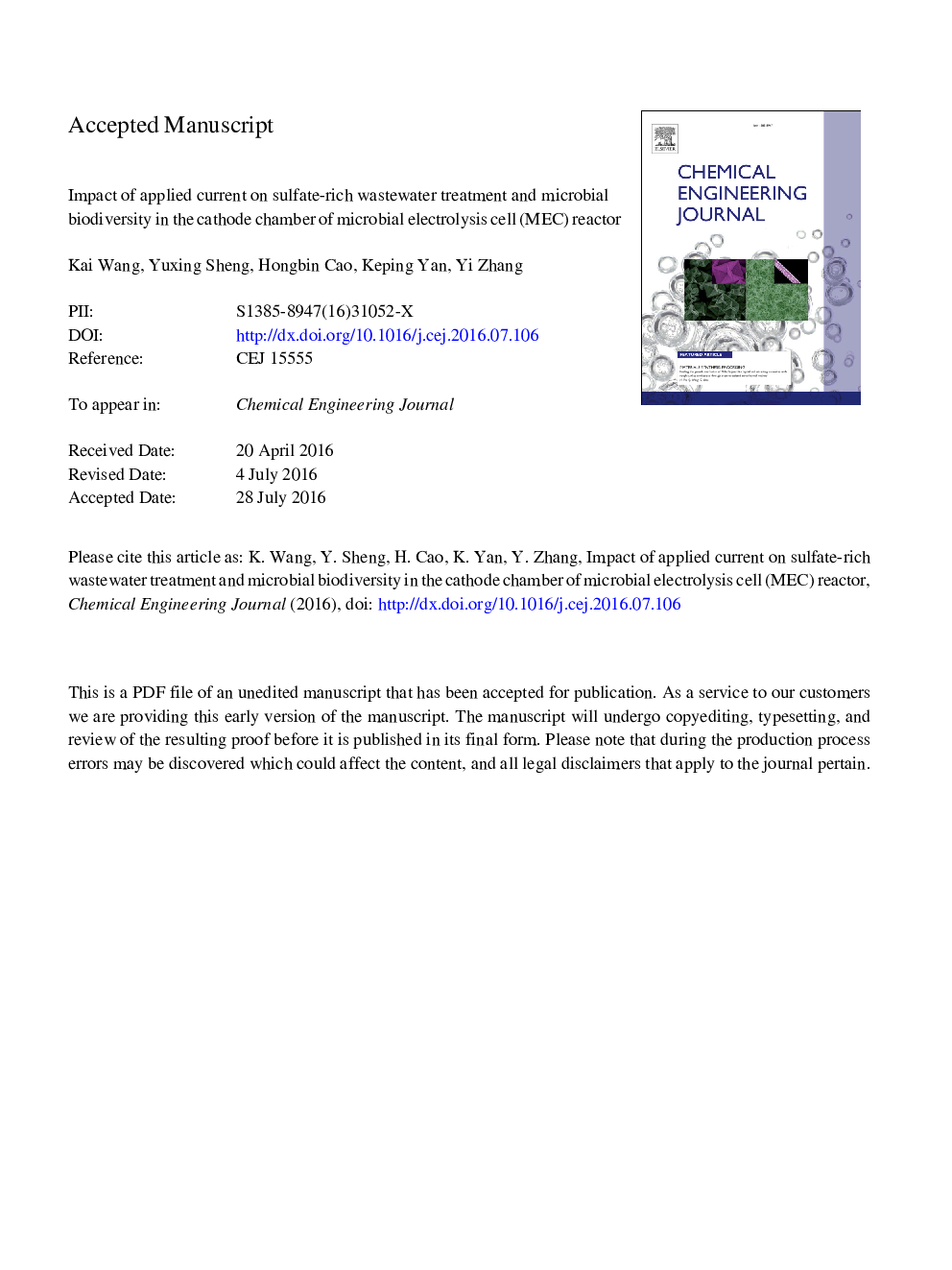 Impact of applied current on sulfate-rich wastewater treatment and microbial biodiversity in the cathode chamber of microbial electrolysis cell (MEC) reactor