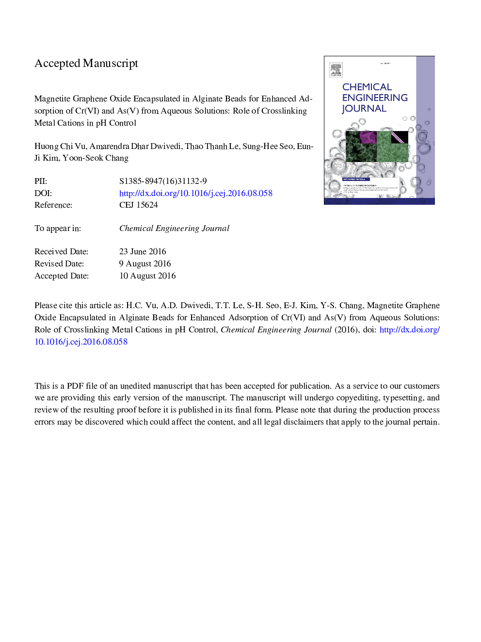 Magnetite graphene oxide encapsulated in alginate beads for enhanced adsorption of Cr(VI) and As(V) from aqueous solutions: Role of crosslinking metal cations in pH control