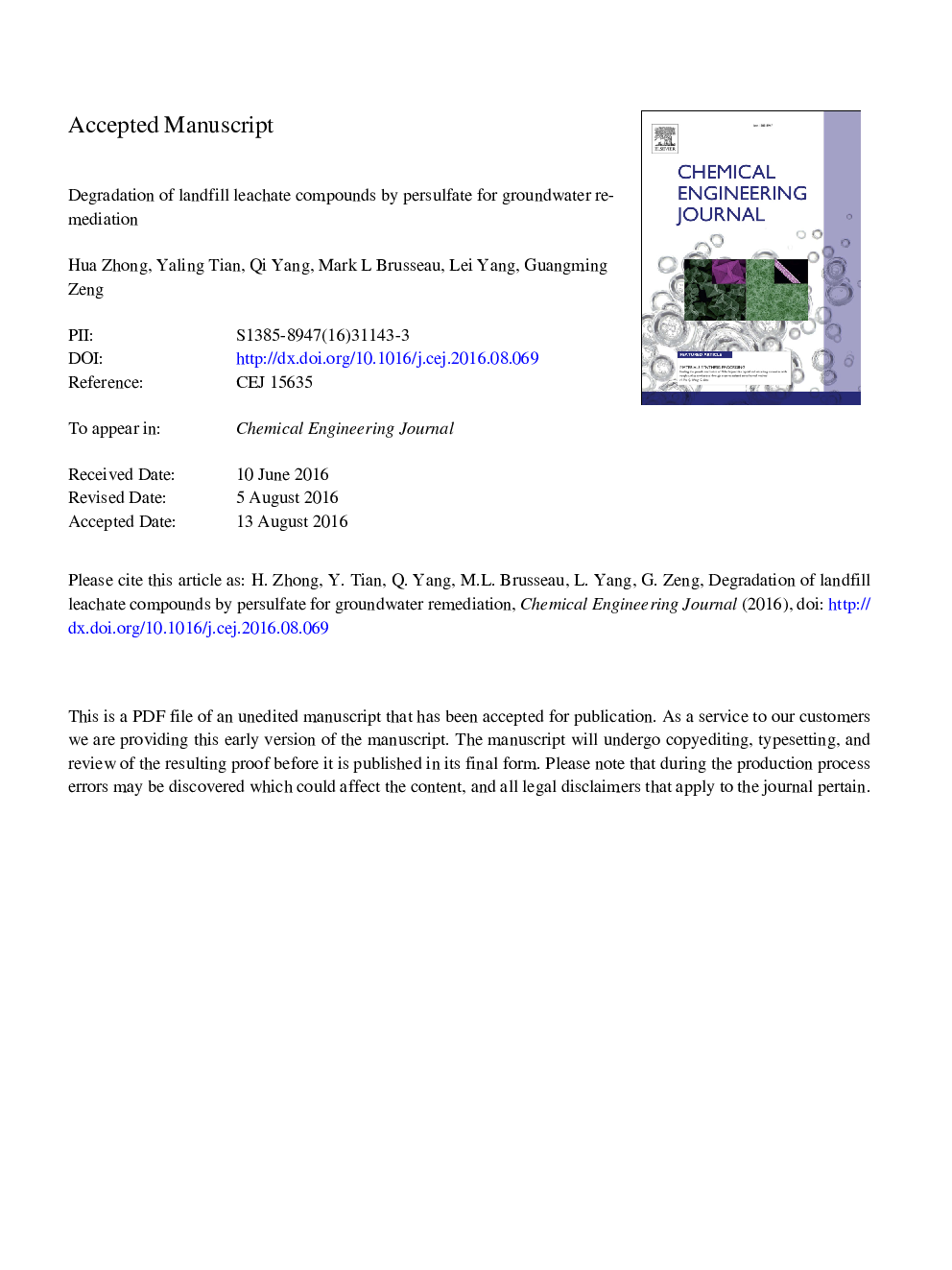 Degradation of landfill leachate compounds by persulfate for groundwater remediation