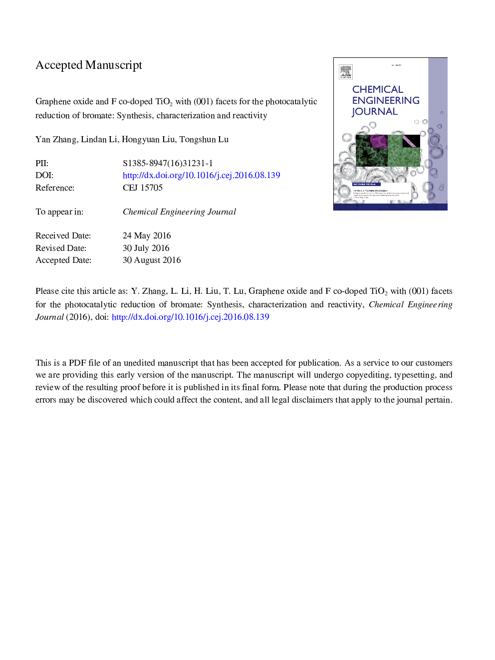 Graphene oxide and F co-doped TiO2 with (0Â 0Â 1) facets for the photocatalytic reduction of bromate: Synthesis, characterization and reactivity