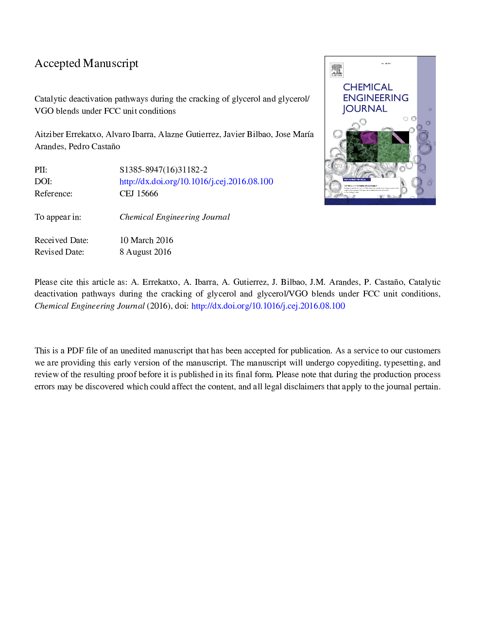 Catalytic deactivation pathways during the cracking of glycerol and glycerol/VGO blends under FCC unit conditions