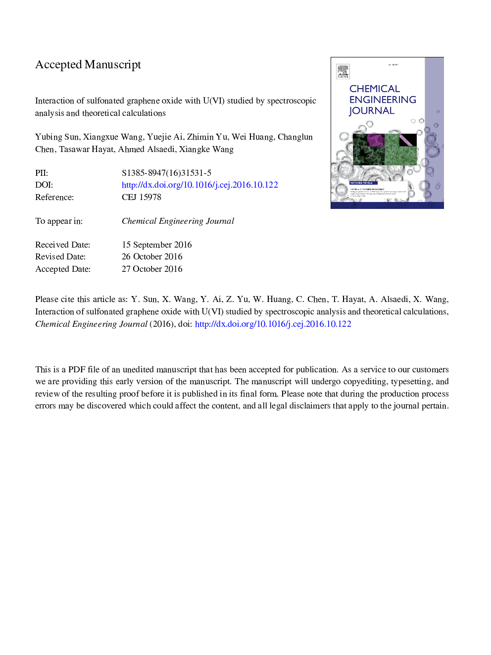 Interaction of sulfonated graphene oxide with U(VI) studied by spectroscopic analysis and theoretical calculations