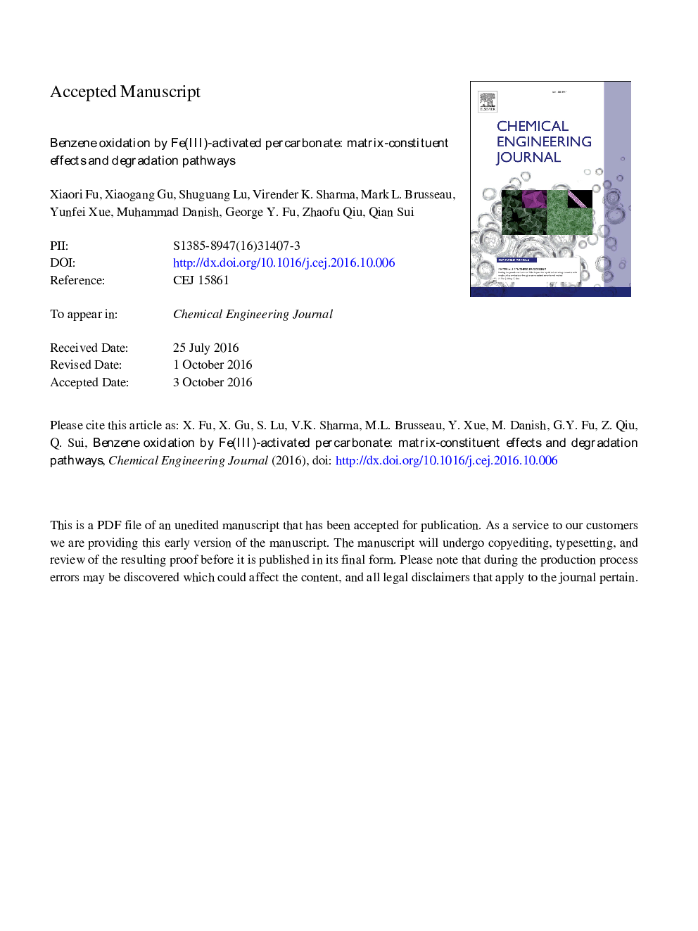 Benzene oxidation by Fe(III)-activated percarbonate: matrix-constituent effects and degradation pathways