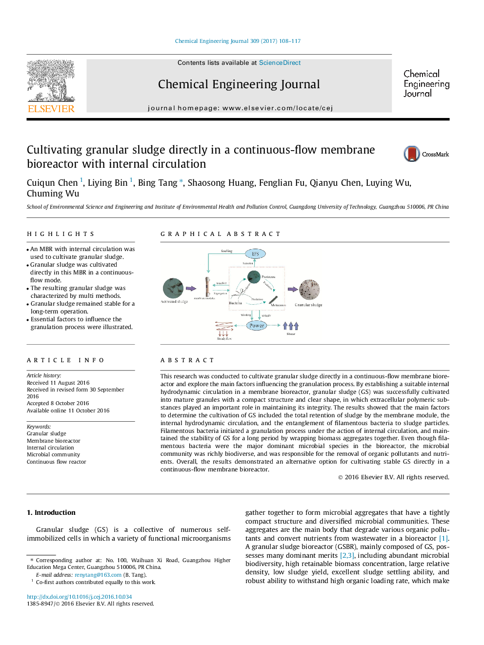 Cultivating granular sludge directly in a continuous-flow membrane bioreactor with internal circulation