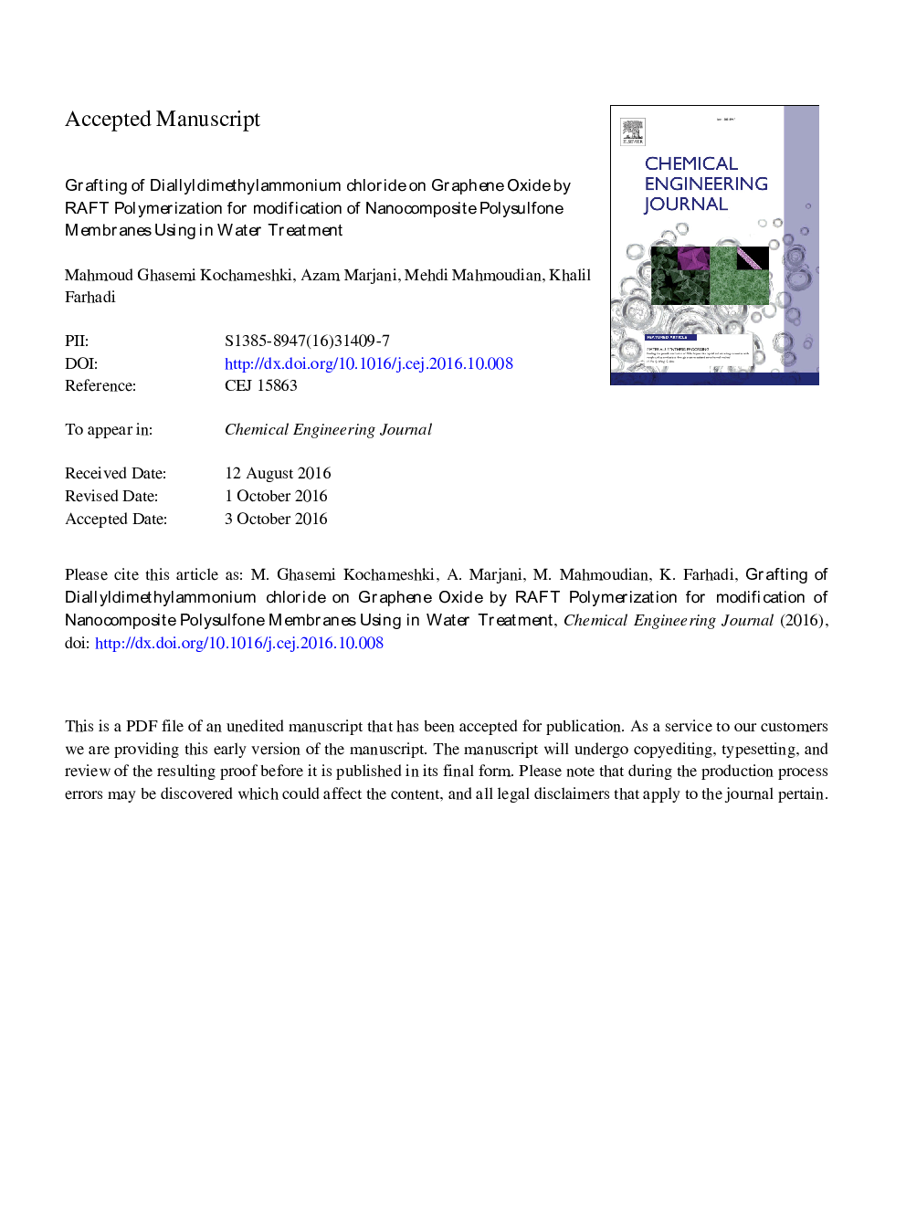 Grafting of diallyldimethylammonium chloride on graphene oxide by RAFT polymerization for modification of nanocomposite polysulfone membranes using in water treatment