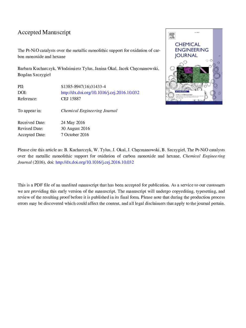 The Pt-NiO catalysts over the metallic monolithic support for oxidation of carbon monoxide and hexane