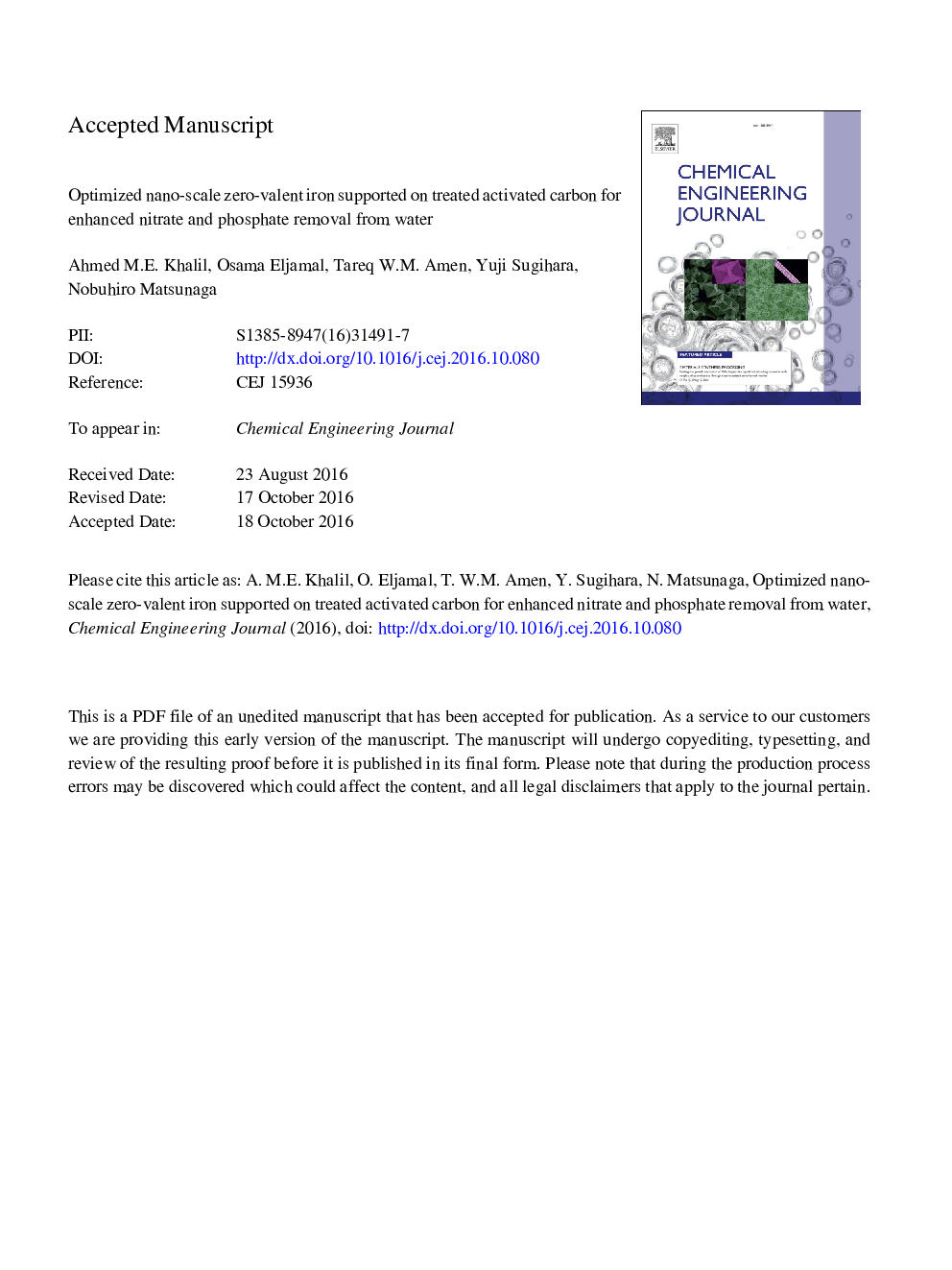 Optimized nano-scale zero-valent iron supported on treated activated carbon for enhanced nitrate and phosphate removal from water