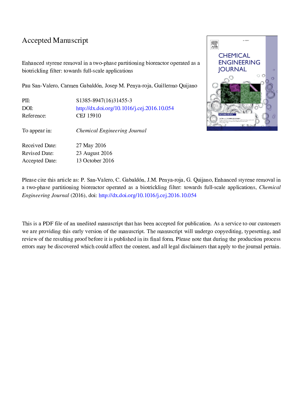 Enhanced styrene removal in a two-phase partitioning bioreactor operated as a biotrickling filter: Towards full-scale applications