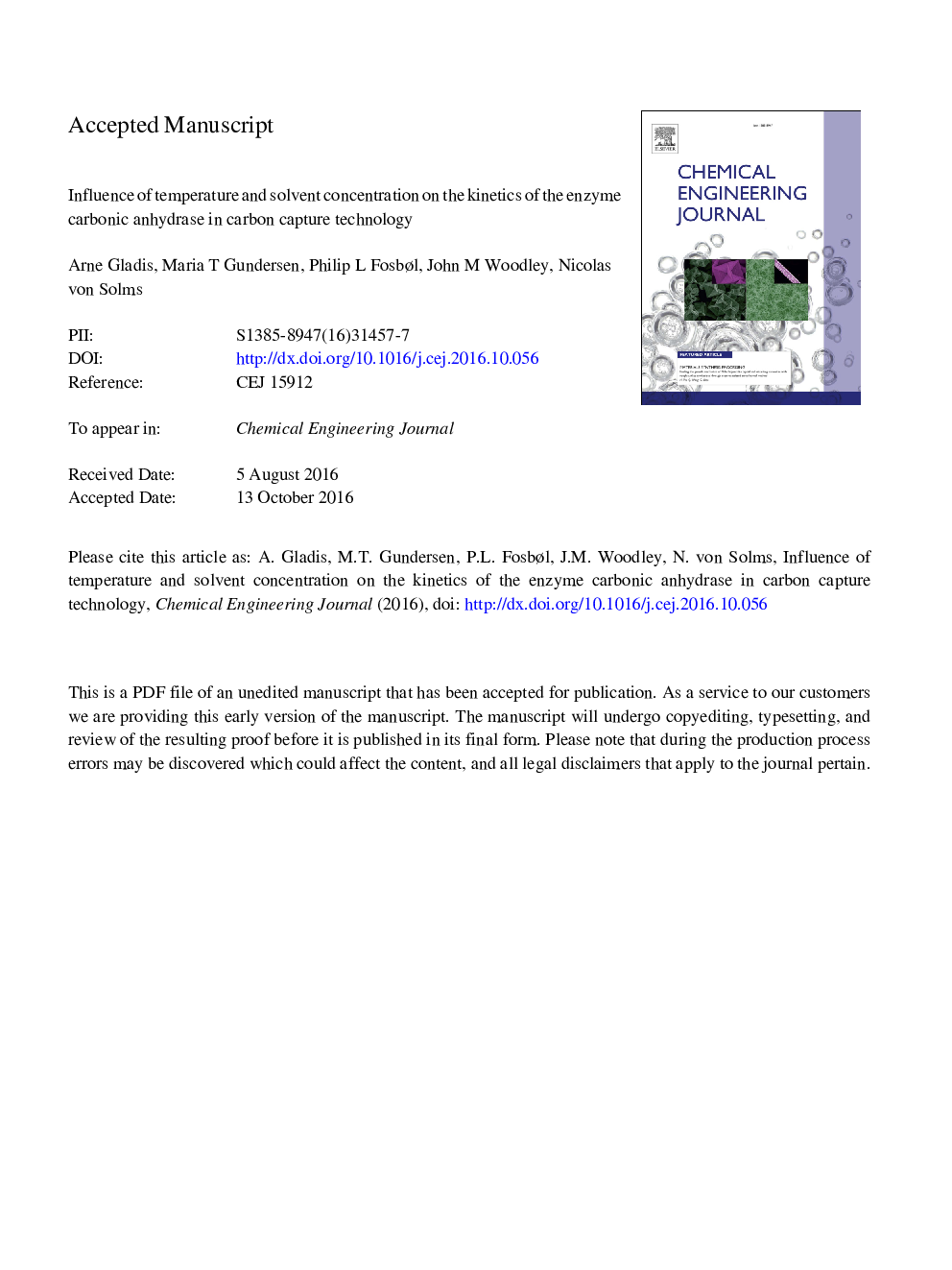 Influence of temperature and solvent concentration on the kinetics of the enzyme carbonic anhydrase in carbon capture technology