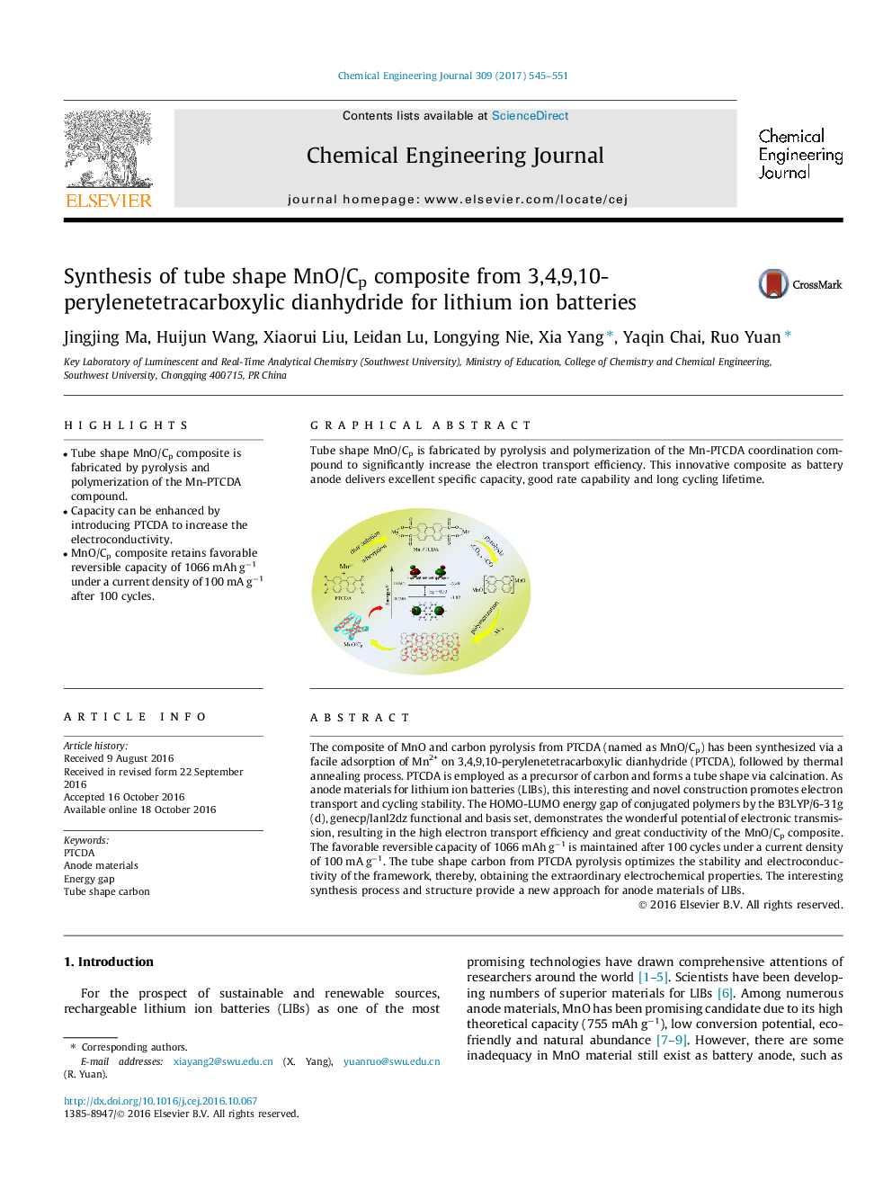 Synthesis of tube shape MnO/Cp composite from 3,4,9,10-perylenetetracarboxylic dianhydride for lithium ion batteries