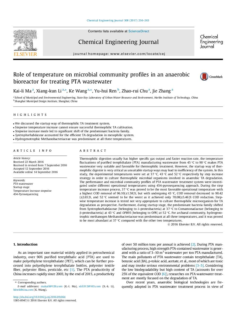 Role of temperature on microbial community profiles in an anaerobic bioreactor for treating PTA wastewater