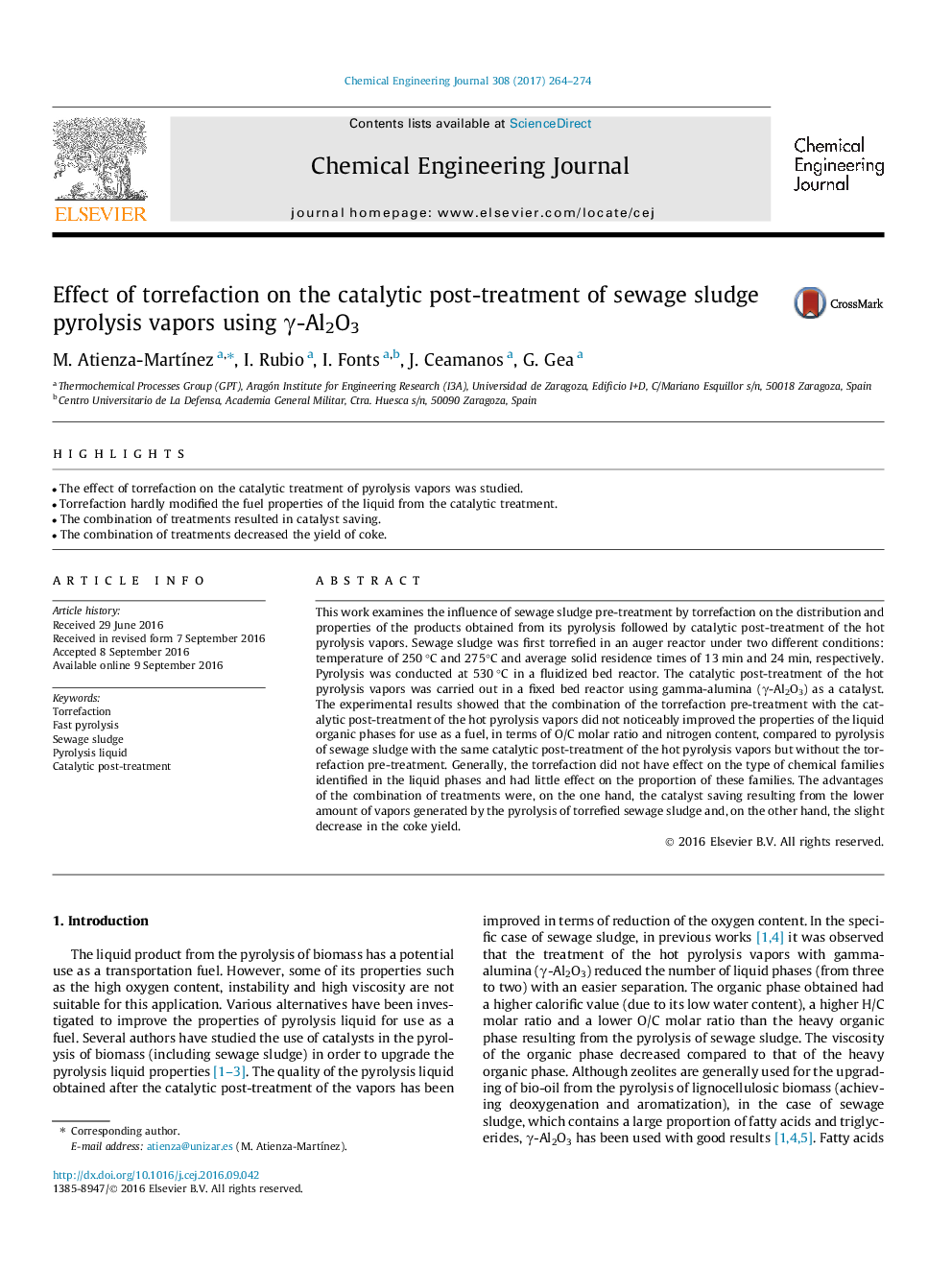 عکس صفحه اول مقاله: Effect of torrefaction on the catalytic post-treatment of sewage sludge pyrolysis vapors using γ-Al2O3 Effect of torrefaction on the catalytic post-treatment of sewage sludge pyrolysis vapors using γ-Al2O3