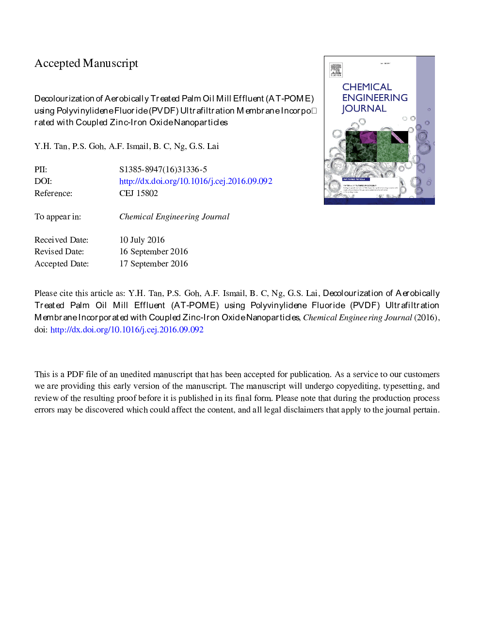 Decolourization of aerobically treated palm oil mill effluent (AT-POME) using polyvinylidene fluoride (PVDF) ultrafiltration membrane incorporated with coupled zinc-iron oxide nanoparticles