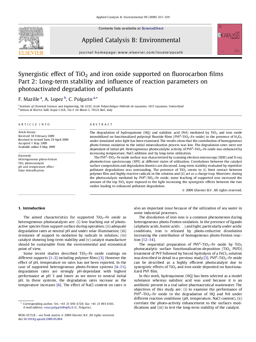 Synergistic effect of TiO2 and iron oxide supported on fluorocarbon films: Part 2: Long-term stability and influence of reaction parameters on photoactivated degradation of pollutants