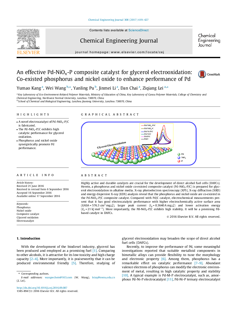 An effective Pd-NiOx-P composite catalyst for glycerol electrooxidation: Co-existed phosphorus and nickel oxide to enhance performance of Pd