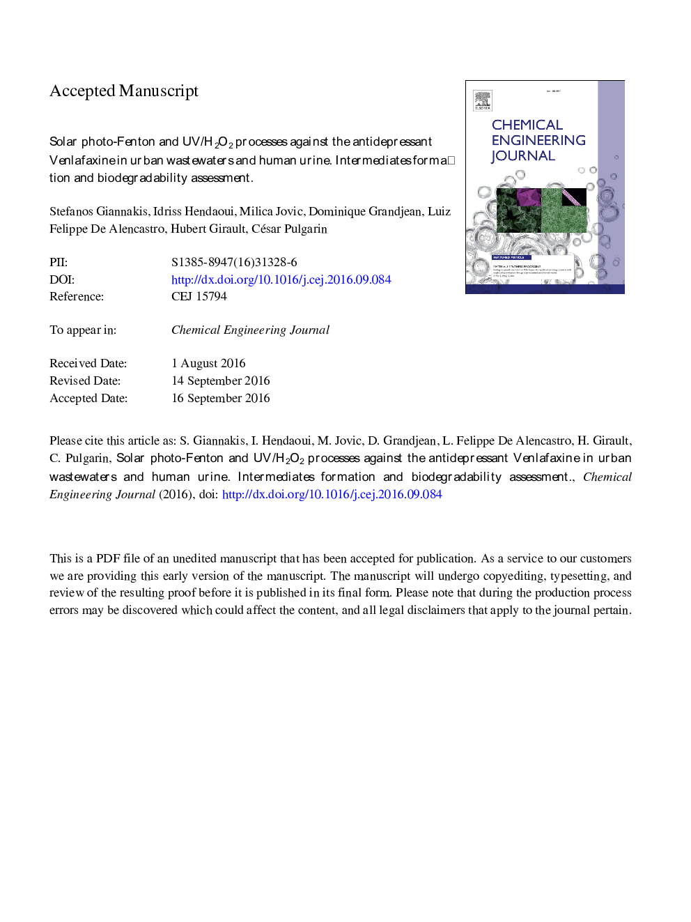 Solar photo-Fenton and UV/H2O2 processes against the antidepressant Venlafaxine in urban wastewaters and human urine. Intermediates formation and biodegradability assessment