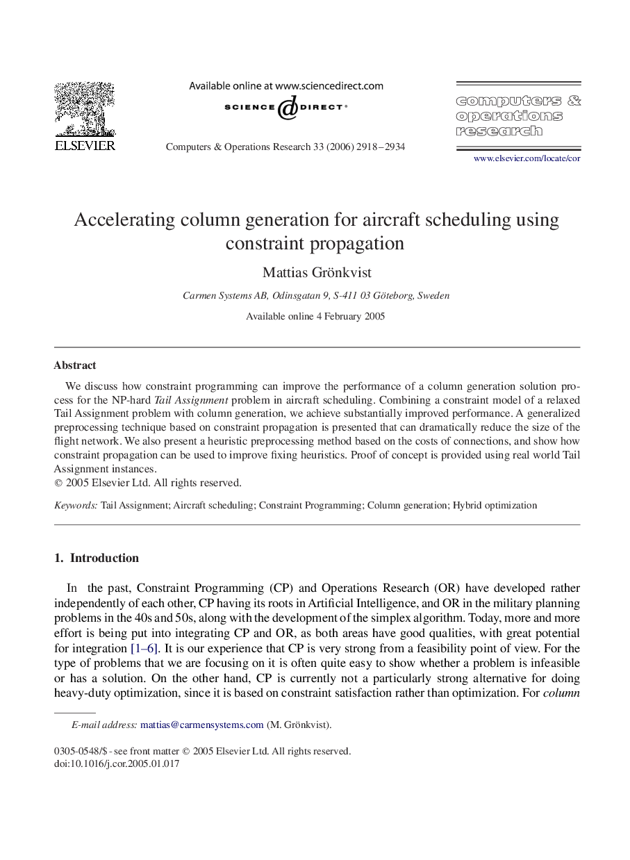 Accelerating column generation for aircraft scheduling using constraint propagation