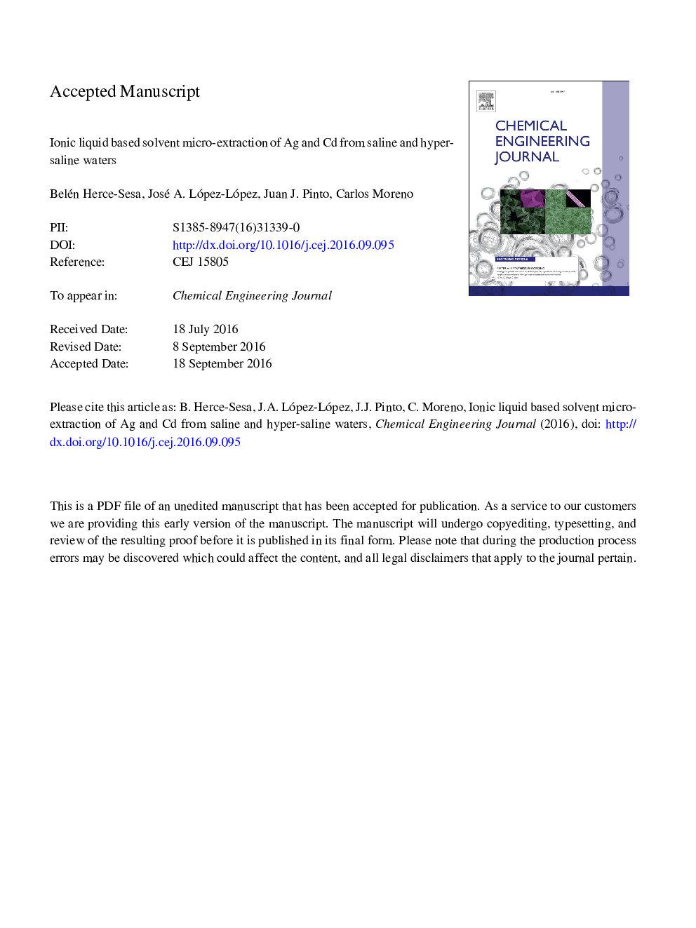 Ionic liquid based solvent micro-extraction of Ag and Cd from saline and hyper-saline waters