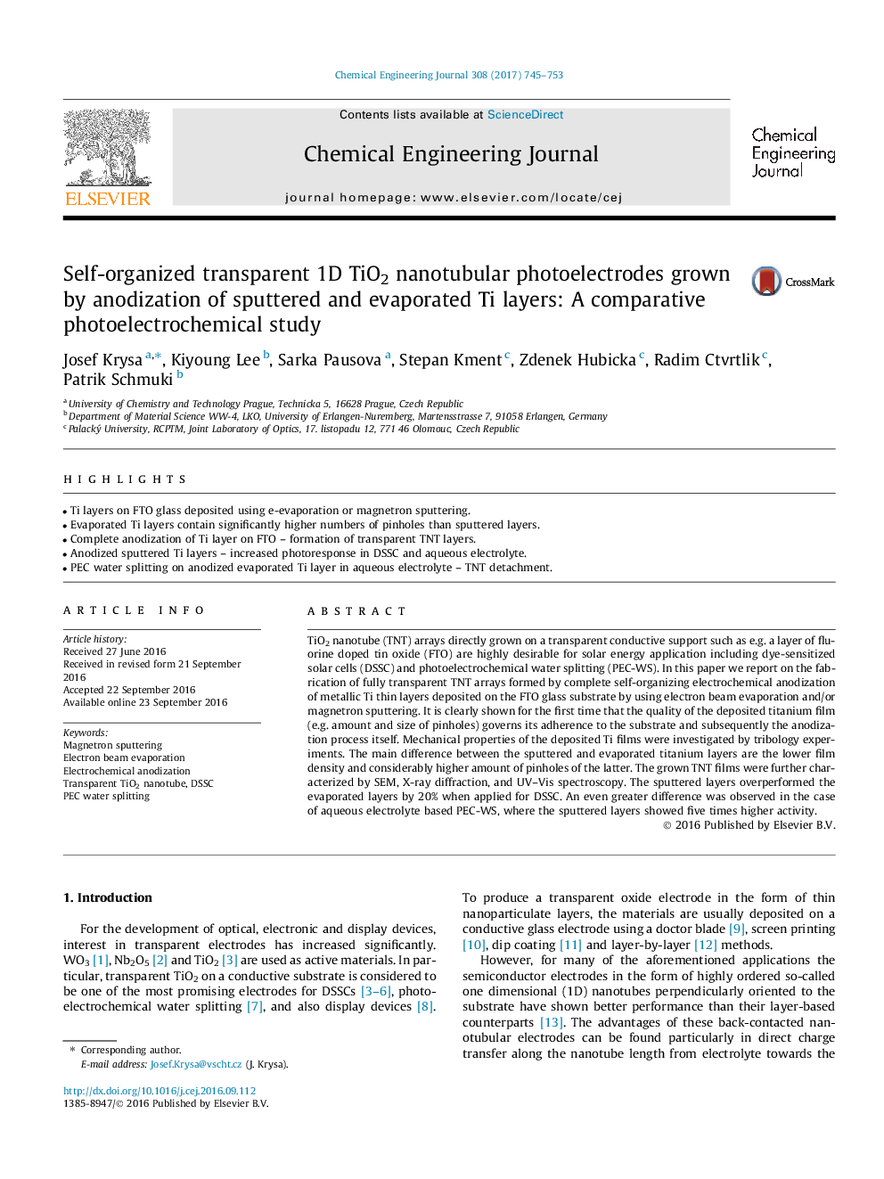 Self-organized transparent 1D TiO2 nanotubular photoelectrodes grown by anodization of sputtered and evaporated Ti layers: A comparative photoelectrochemical study