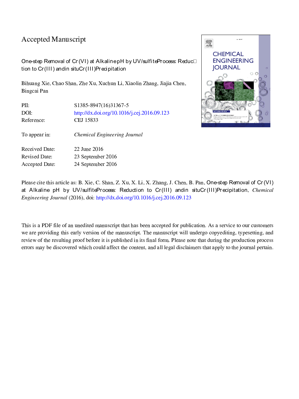 One-step removal of Cr(VI) at alkaline pH by UV/sulfite process: Reduction to Cr(III) and in situ Cr(III) precipitation