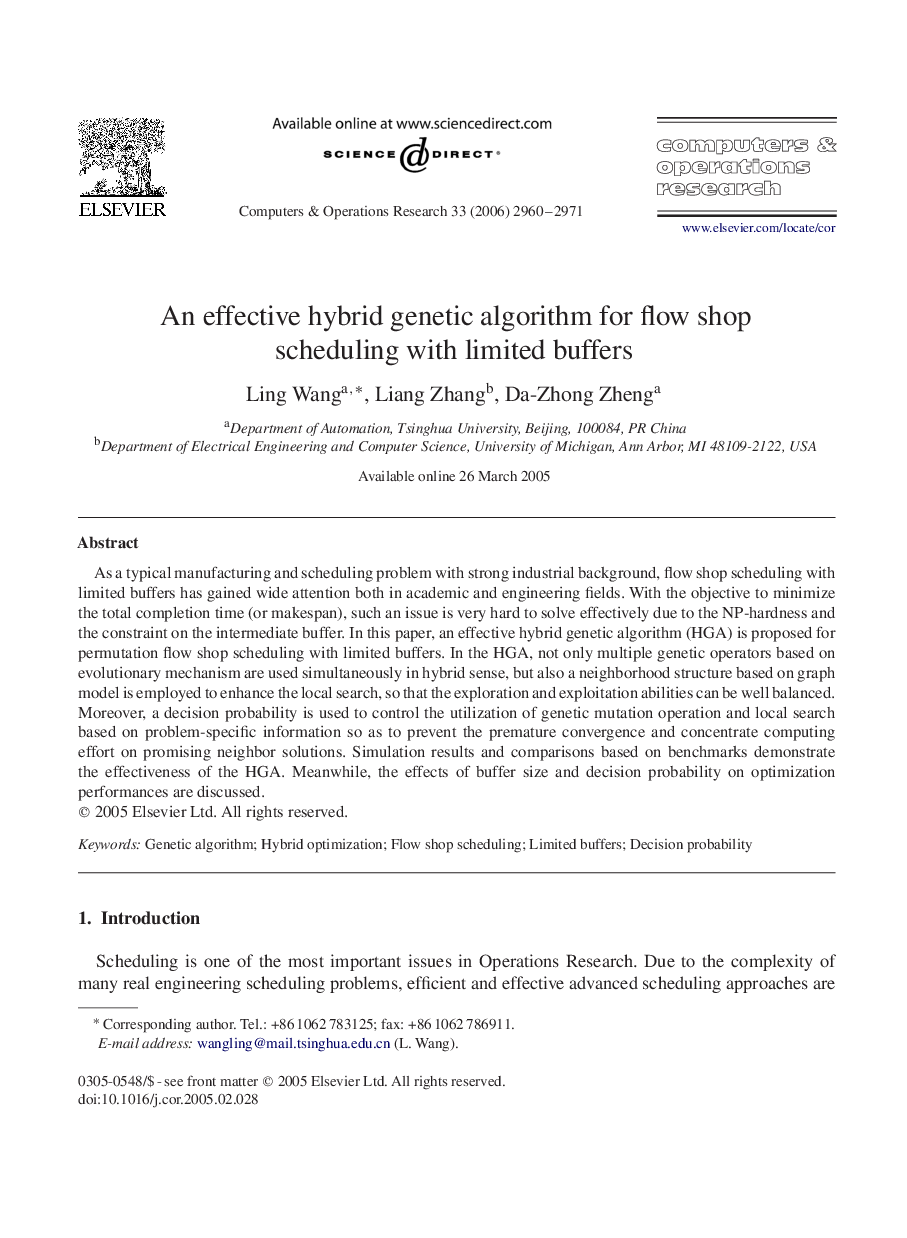 عکس صفحه اول مقاله: An effective hybrid genetic algorithm for flow shop scheduling with limited buffers An effective hybrid genetic algorithm for flow shop scheduling with limited buffers