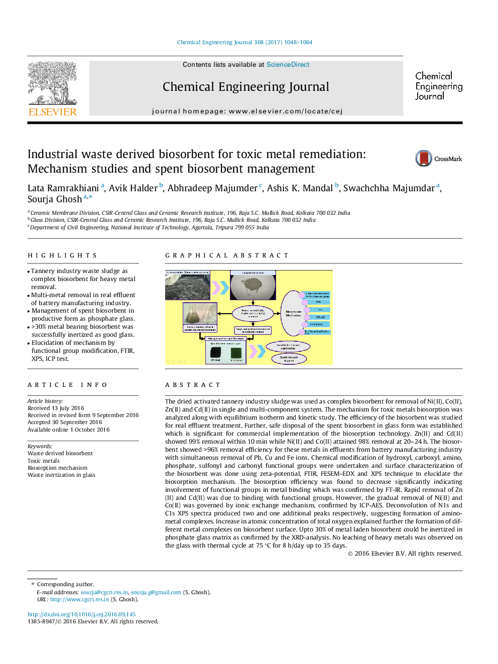 Industrial waste derived biosorbent for toxic metal remediation: Mechanism studies and spent biosorbent management