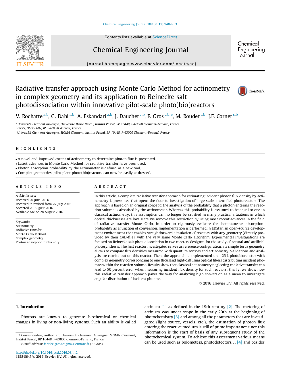 Radiative transfer approach using Monte Carlo Method for actinometry in complex geometry and its application to Reinecke salt photodissociation within innovative pilot-scale photo(bio)reactors