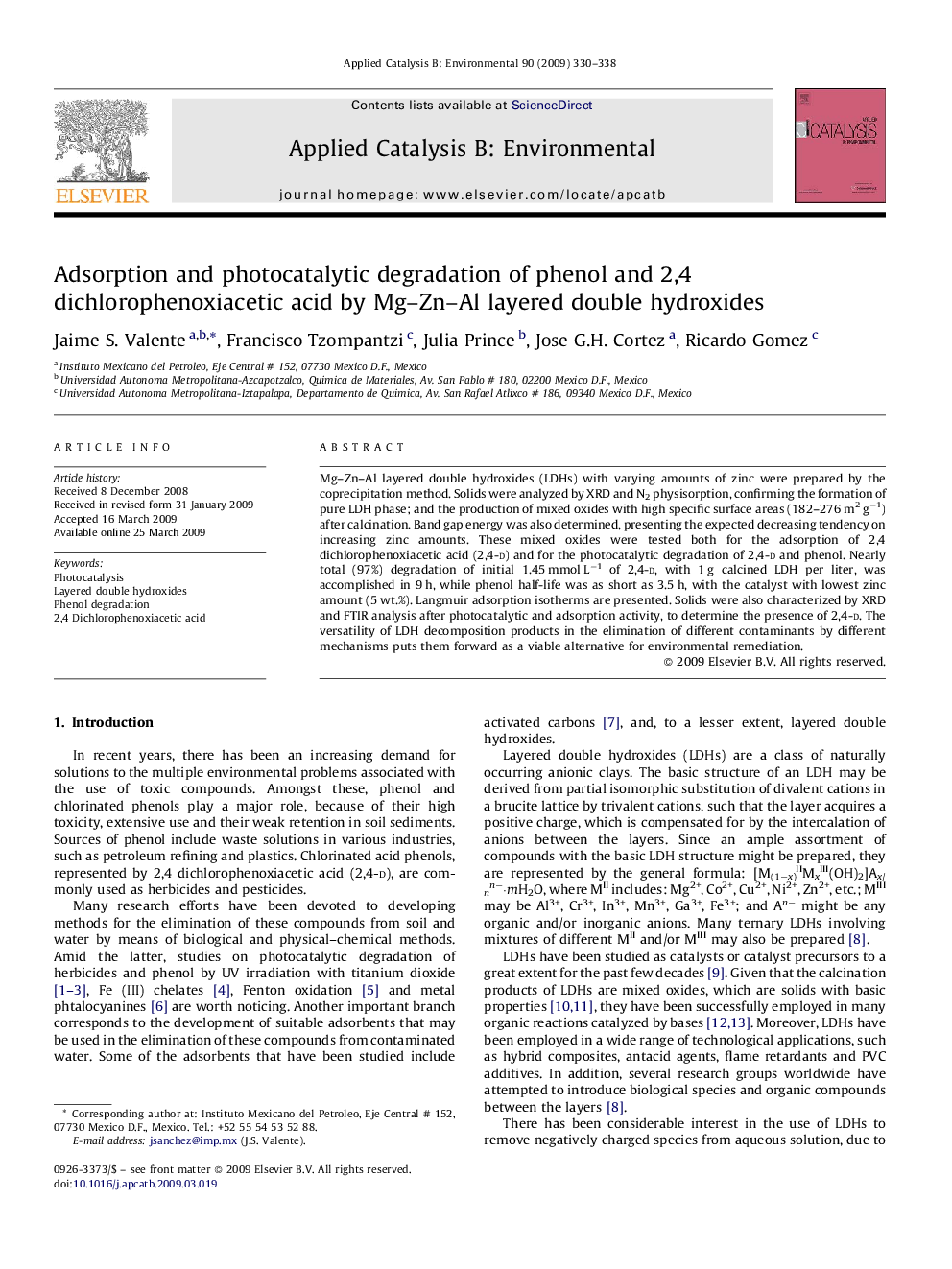 Adsorption and photocatalytic degradation of phenol and 2,4 dichlorophenoxiacetic acid by Mg–Zn–Al layered double hydroxides