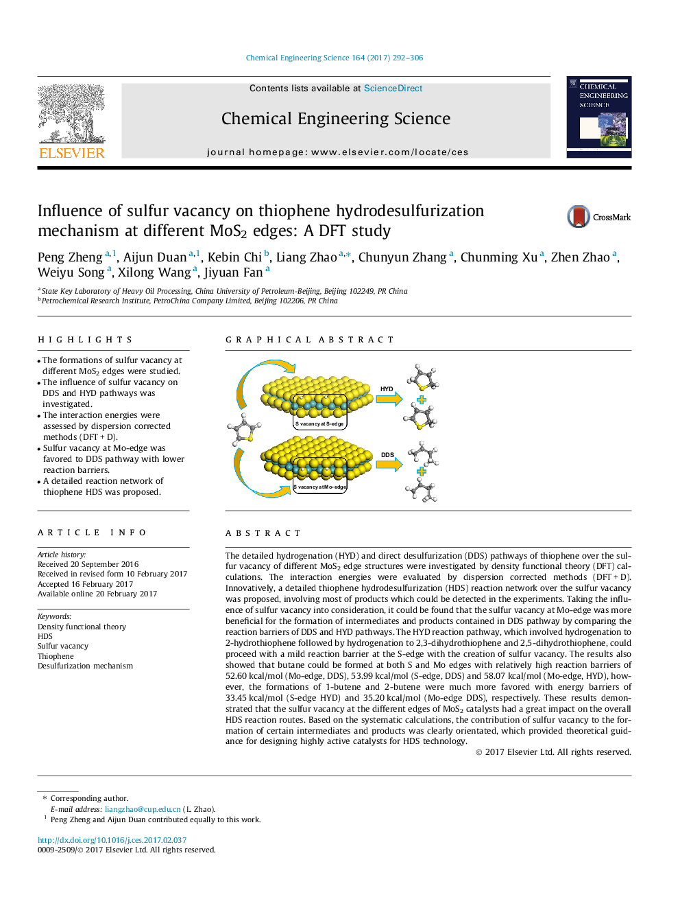 عکس صفحه اول مقاله: Influence of sulfur vacancy on thiophene hydrodesulfurization mechanism at different MoS2 edges: A DFT study Influence of sulfur vacancy on thiophene hydrodesulfurization mechanism at different MoS2 edges: A DFT study