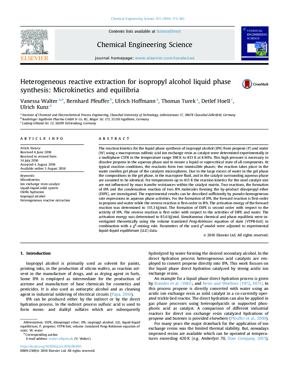 Heterogeneous reactive extraction for isopropyl alcohol liquid phase synthesis: Microkinetics and equilibria