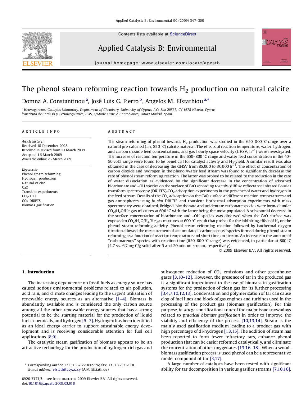 The phenol steam reforming reaction towards H2 production on natural calcite