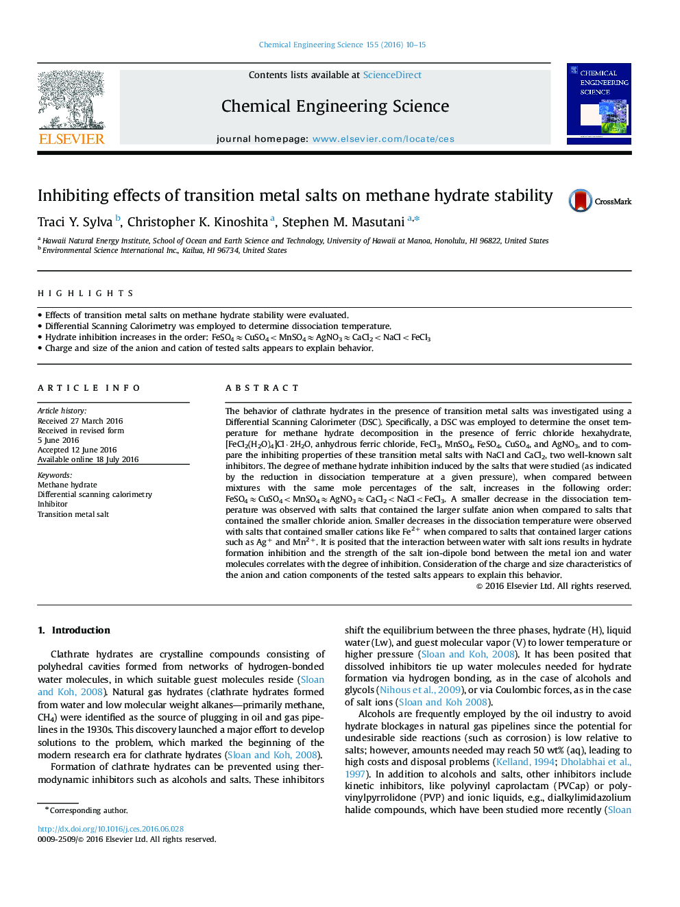 Inhibiting effects of transition metal salts on methane hydrate stability