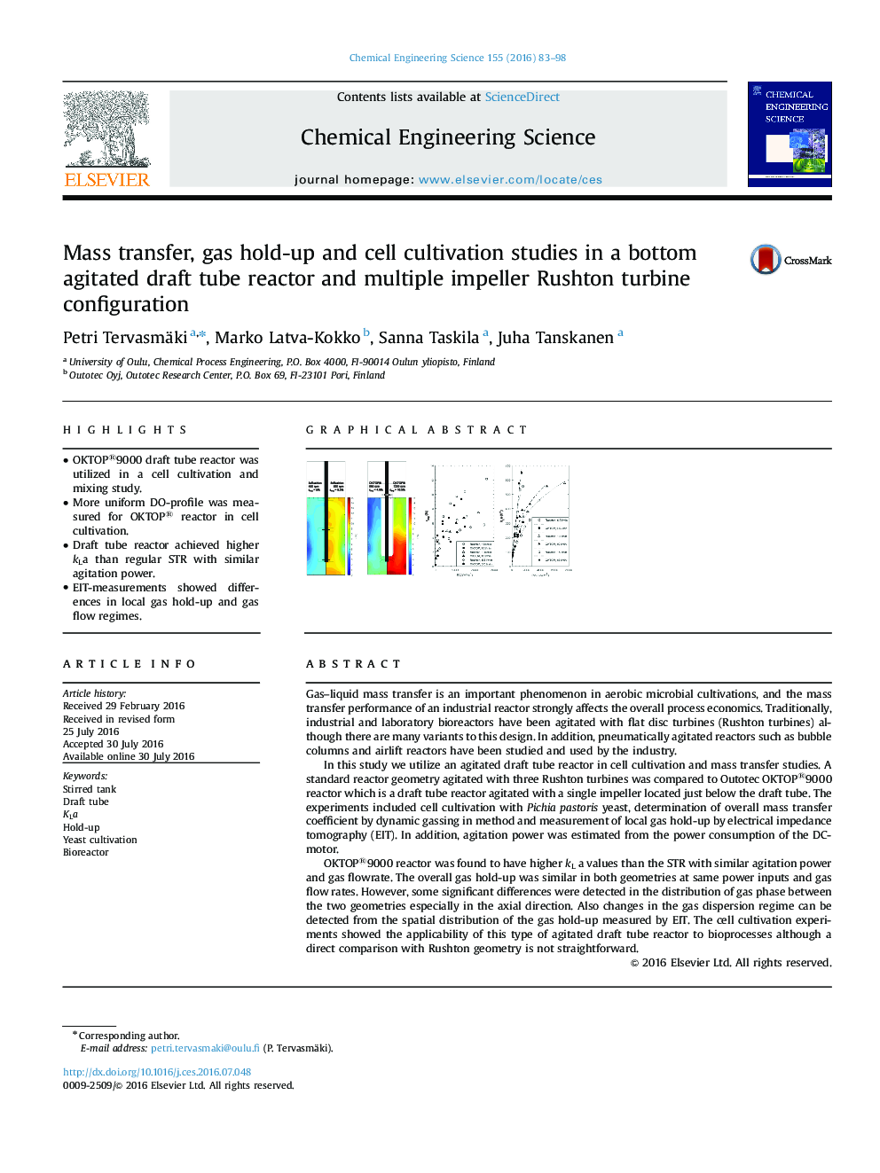 Mass transfer, gas hold-up and cell cultivation studies in a bottom agitated draft tube reactor and multiple impeller Rushton turbine configuration