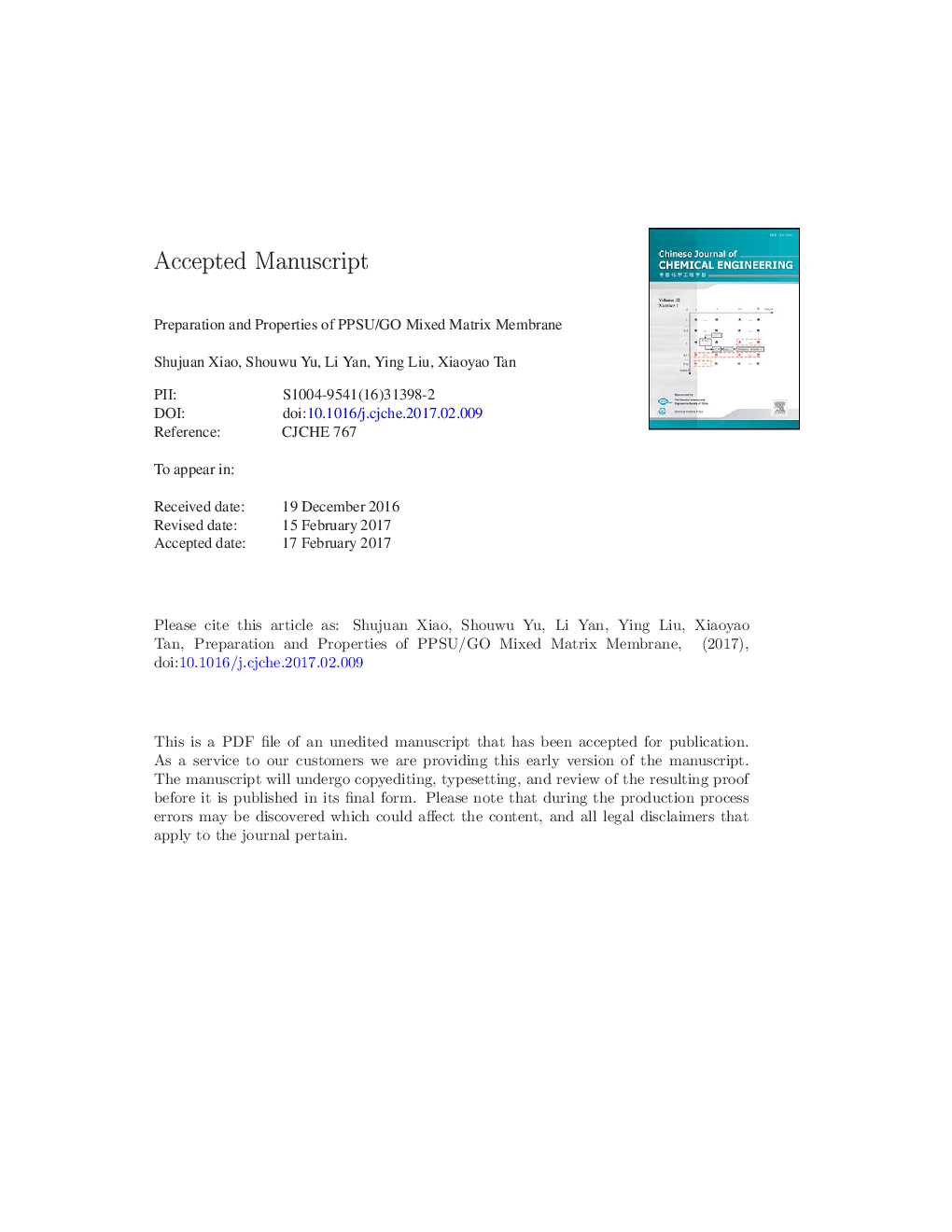 Preparation and properties of PPSU/GO mixed matrix membrane