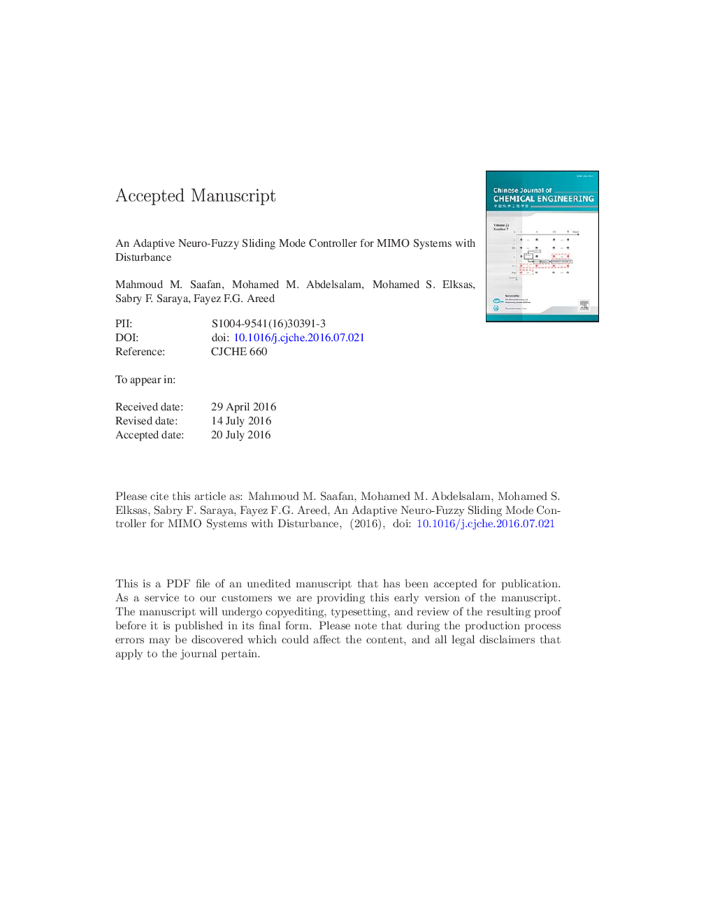 An adaptive neuro-fuzzy sliding mode controller for MIMO systems with disturbance