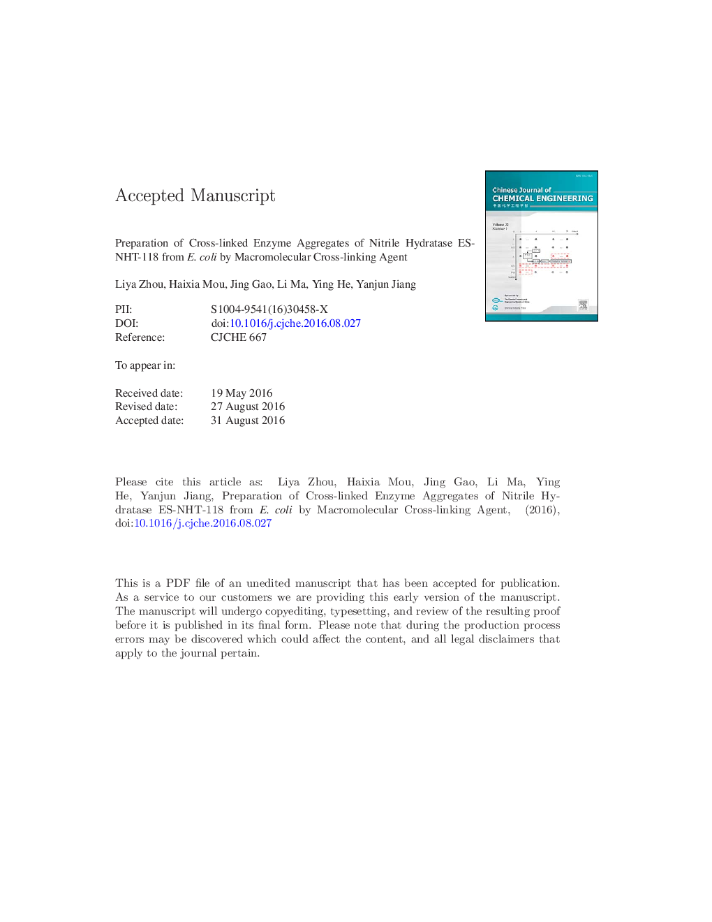 Preparation of cross-linked enzyme aggregates of nitrile hydratase ES-NHT-118 from E. coli by macromolecular cross-linking agent