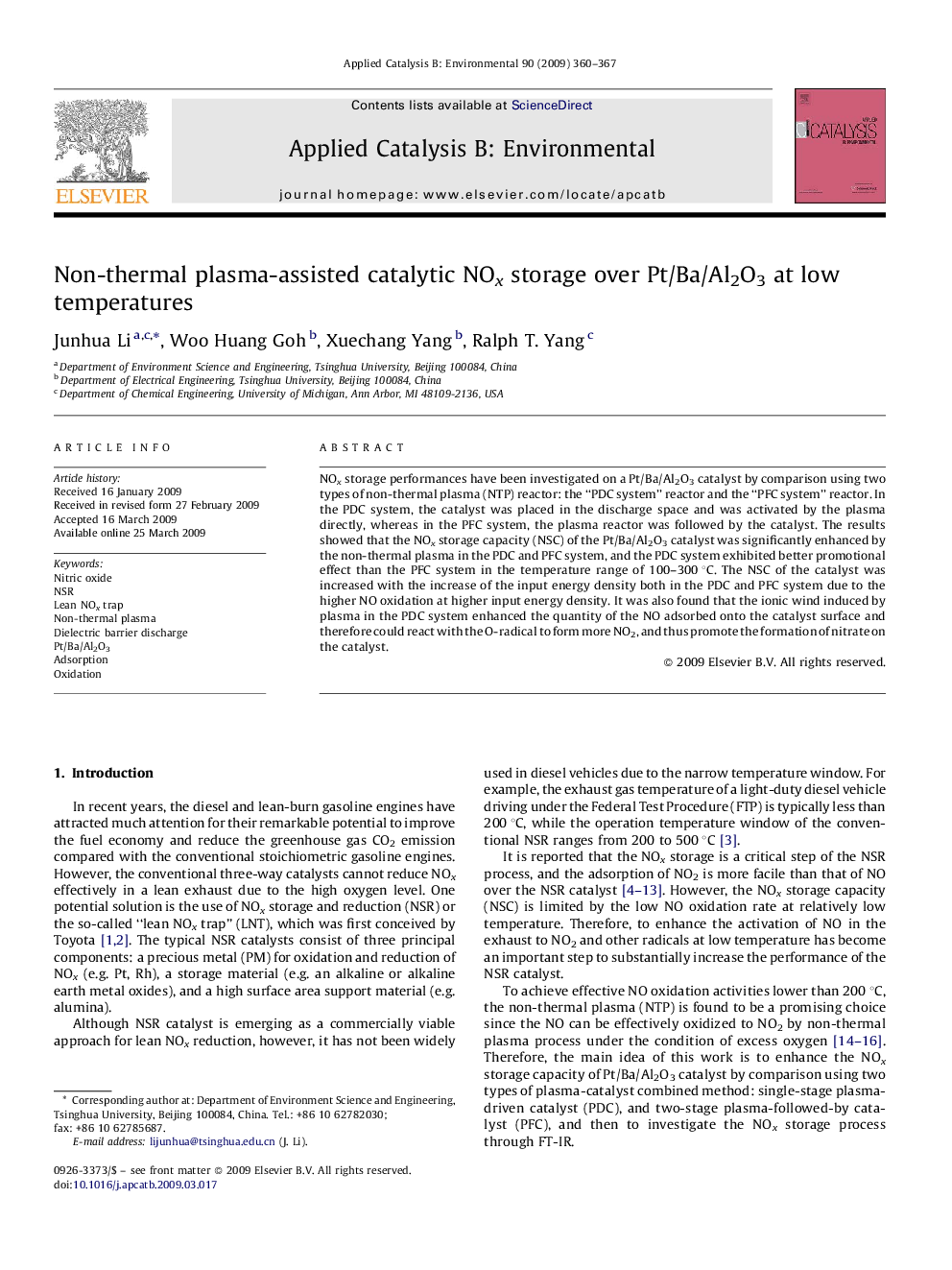 عکس صفحه اول مقاله: Non-thermal plasma-assisted catalytic NOx storage over Pt/Ba/Al2O3 at low temperatures Non-thermal plasma-assisted catalytic NOx storage over Pt/Ba/Al2O3 at low temperatures