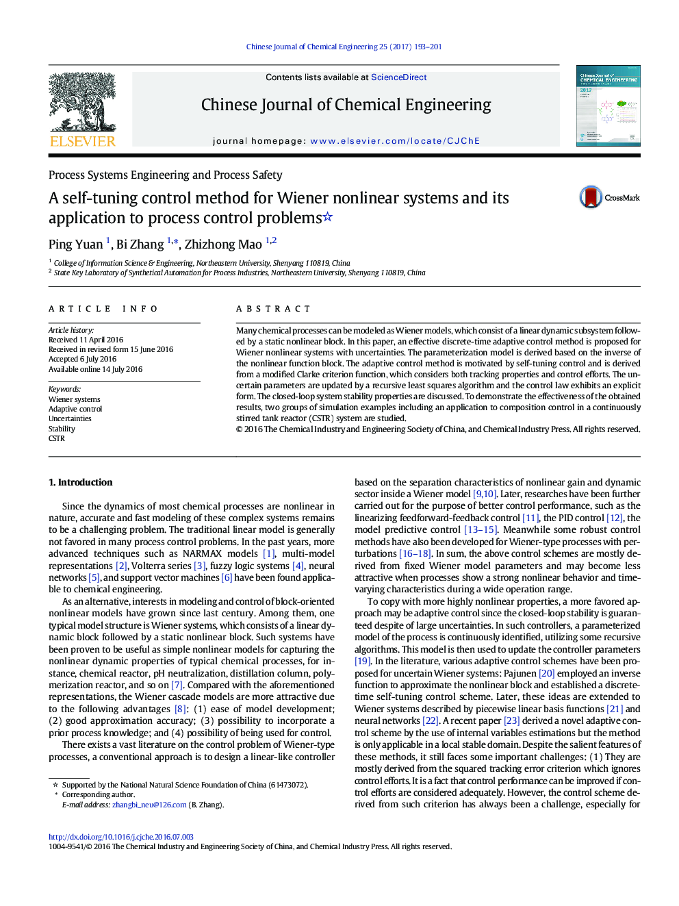 A self-tuning control method for Wiener nonlinear systems and its application to process control problems