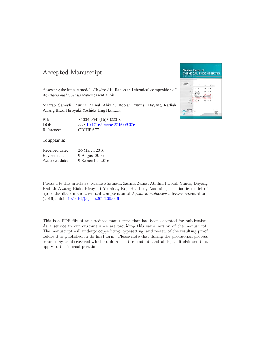 Assessing the kinetic model of hydro-distillation and chemical composition of Aquilaria malaccensis leaves essential oil