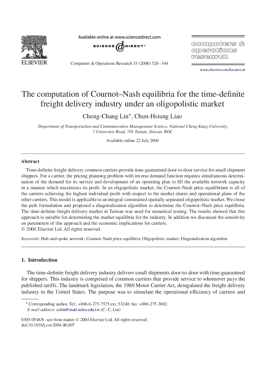 The computation of Cournot–Nash equilibria for the time-definite freight delivery industry under an oligopolistic market