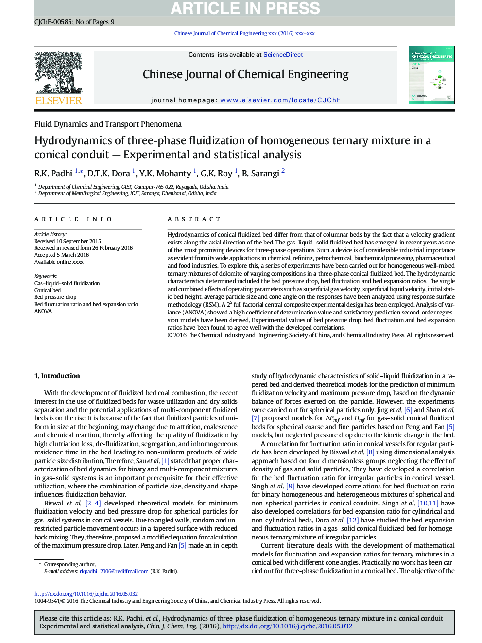 Hydrodynamics of three-phase fluidization of homogeneous ternary mixture in a conical conduit - Experimental and statistical analysis