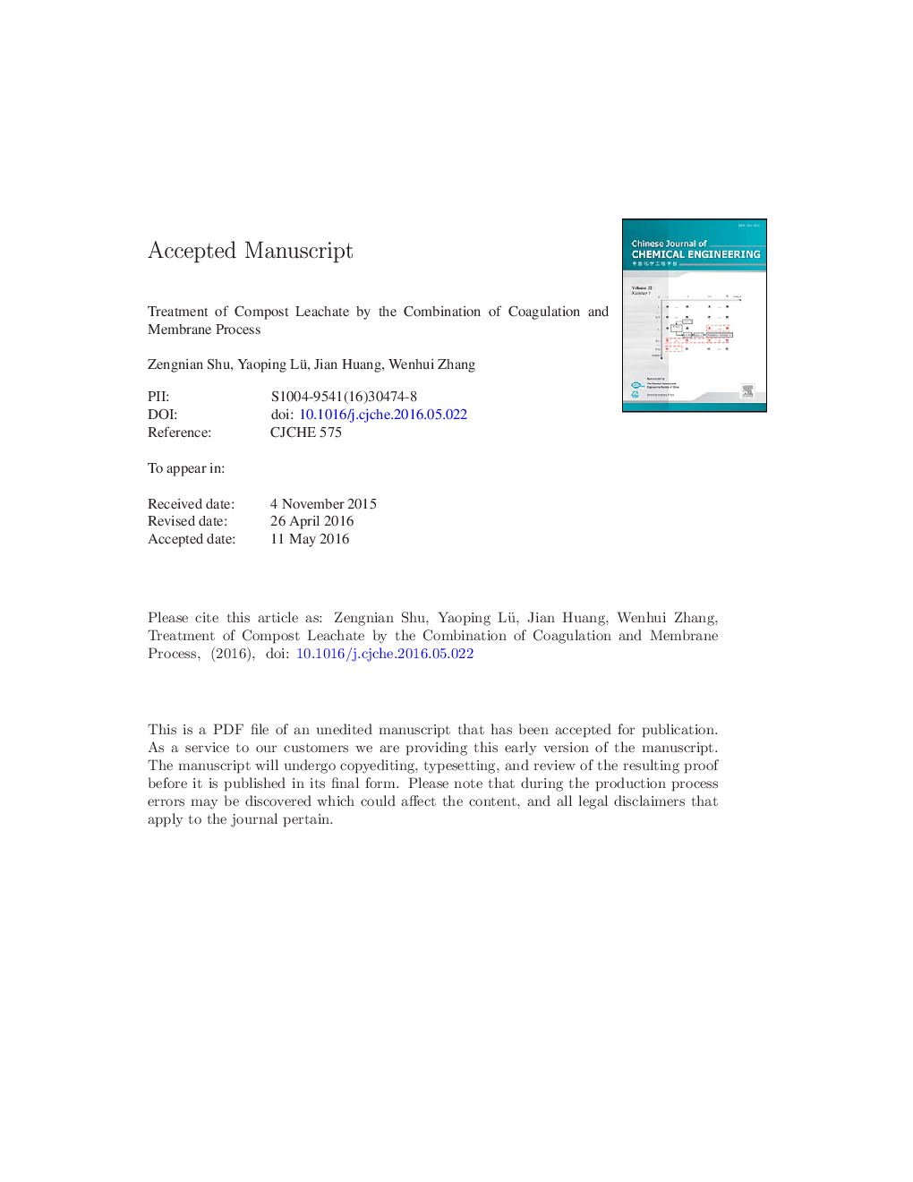 Treatment of compost leachate by the combination of coagulation and membrane process