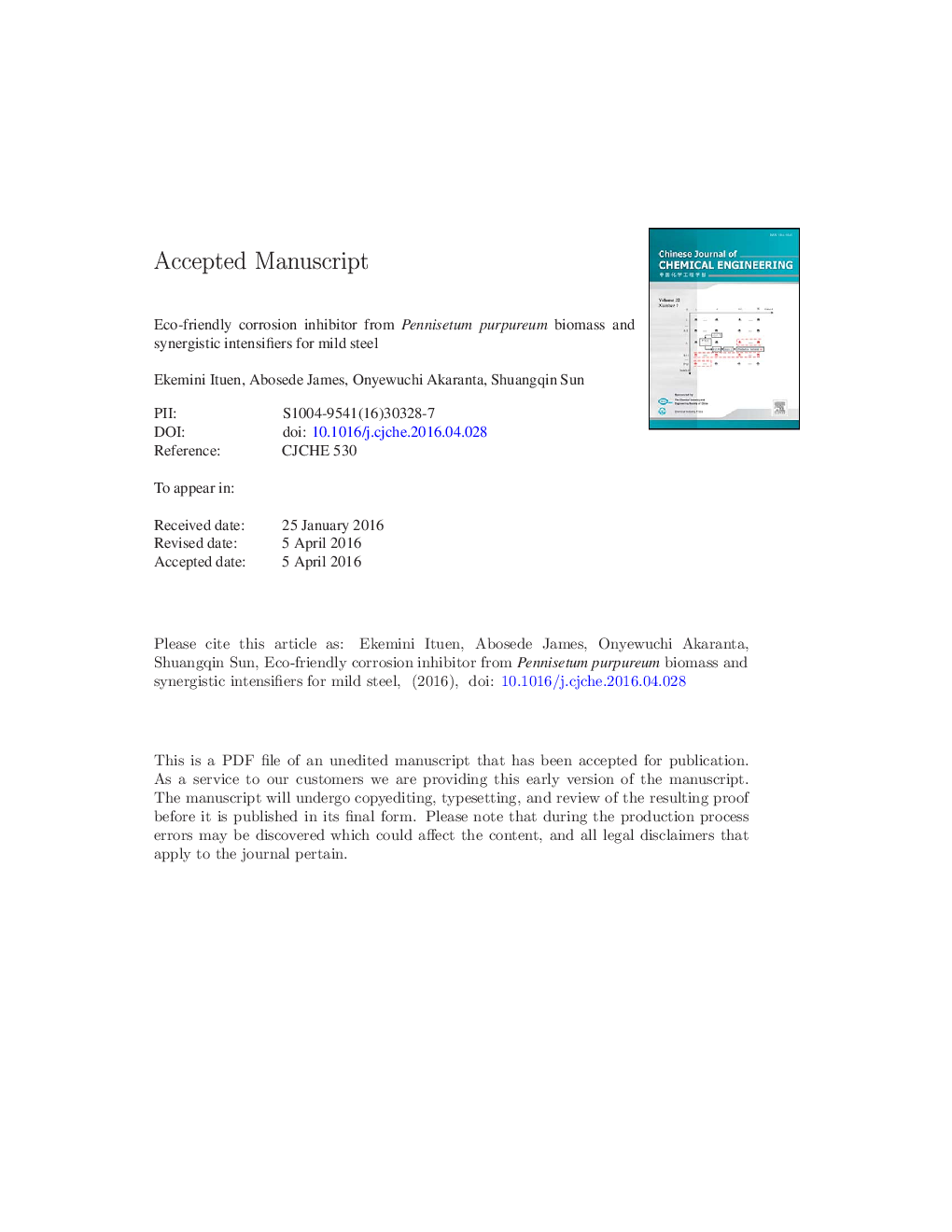 Eco-friendly corrosion inhibitor from Pennisetum purpureum biomass and synergistic intensifiers for mild steel