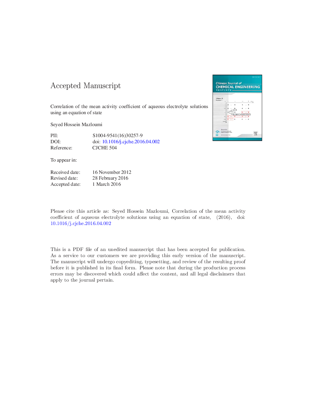 Correlation of the mean activity coefficient of aqueous electrolyte solutions using an equation of state