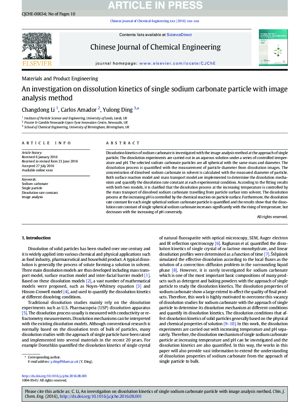 An investigation on dissolution kinetics of single sodium carbonate particle with image analysis method