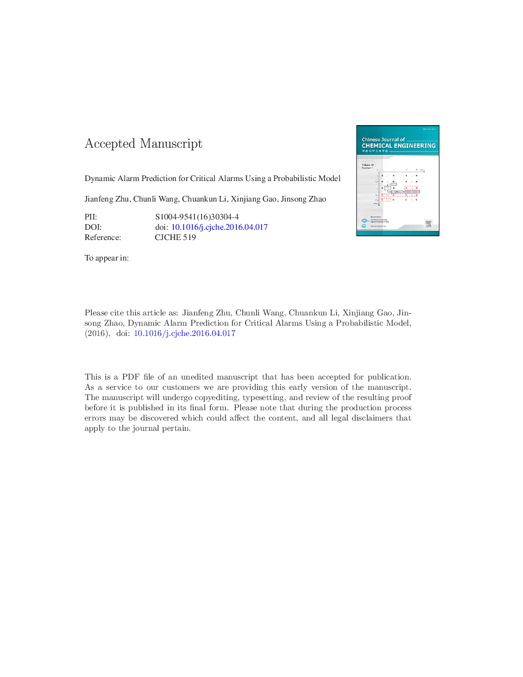 Dynamic alarm prediction for critical alarms using a probabilistic model