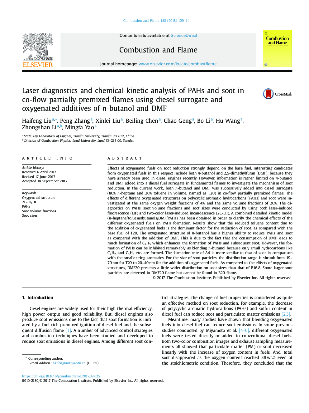 Laser diagnostics and chemical kinetic analysis of PAHs and soot in co-flow partially premixed flames using diesel surrogate and oxygenated additives of n-butanol and DMF