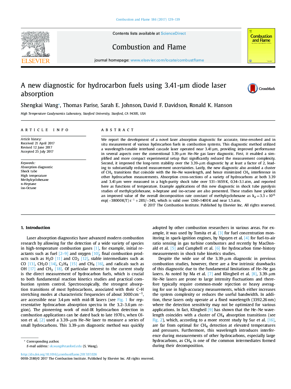 A new diagnostic for hydrocarbon fuels using 3.41-Âµm diode laser absorption